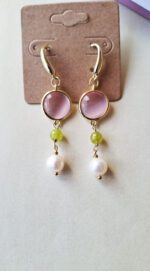Orecchini Pendenti con Pietra Rosa, Giada verde e Perla Fiume - immagine 4