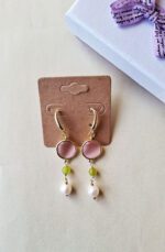 Orecchini Pendenti con Pietra Rosa, Giada verde e Perla Fiume - immagine 2