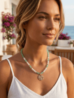 Collana con pietra verde acqua e pendente con fiori - immagine 6